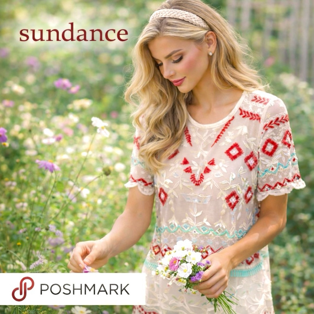 Sundance, Sheer Embroidered Boho Tunic Blouse Southwestern Folk Art Top Size Sm